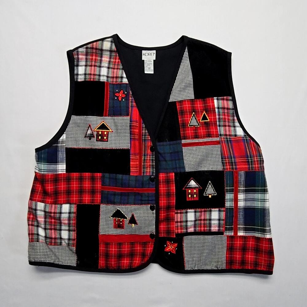 Vintage Koret Patchwork Vest Plaid Embroidered Ho… - image 1